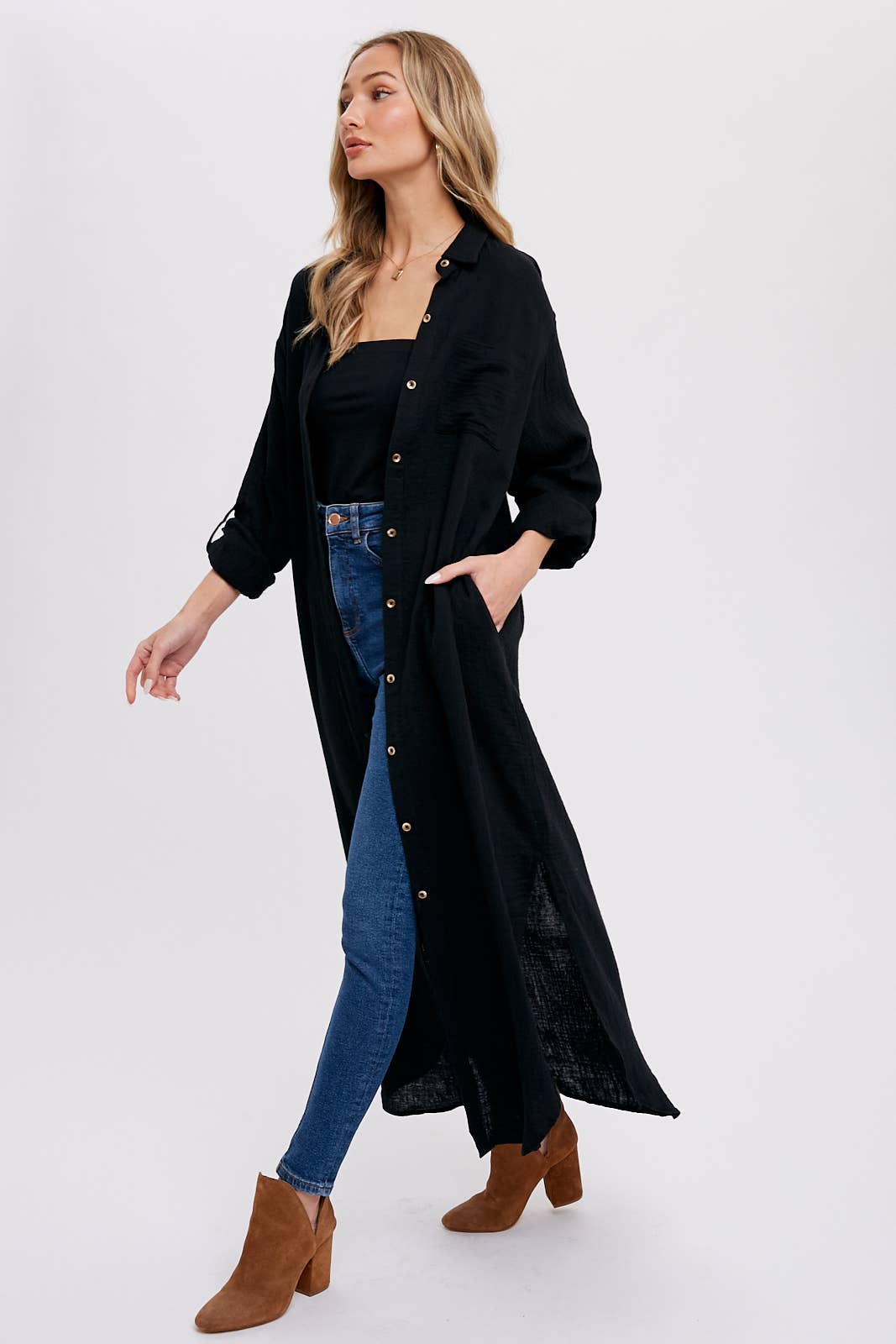 BUTTON UP MAXI SHIRT DRESS WITH POCKET