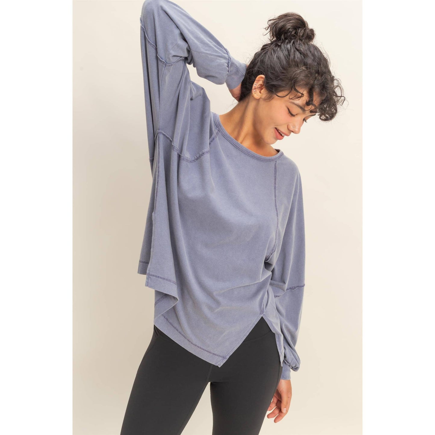 Washed Oversized Long Sleeve Top With Slit