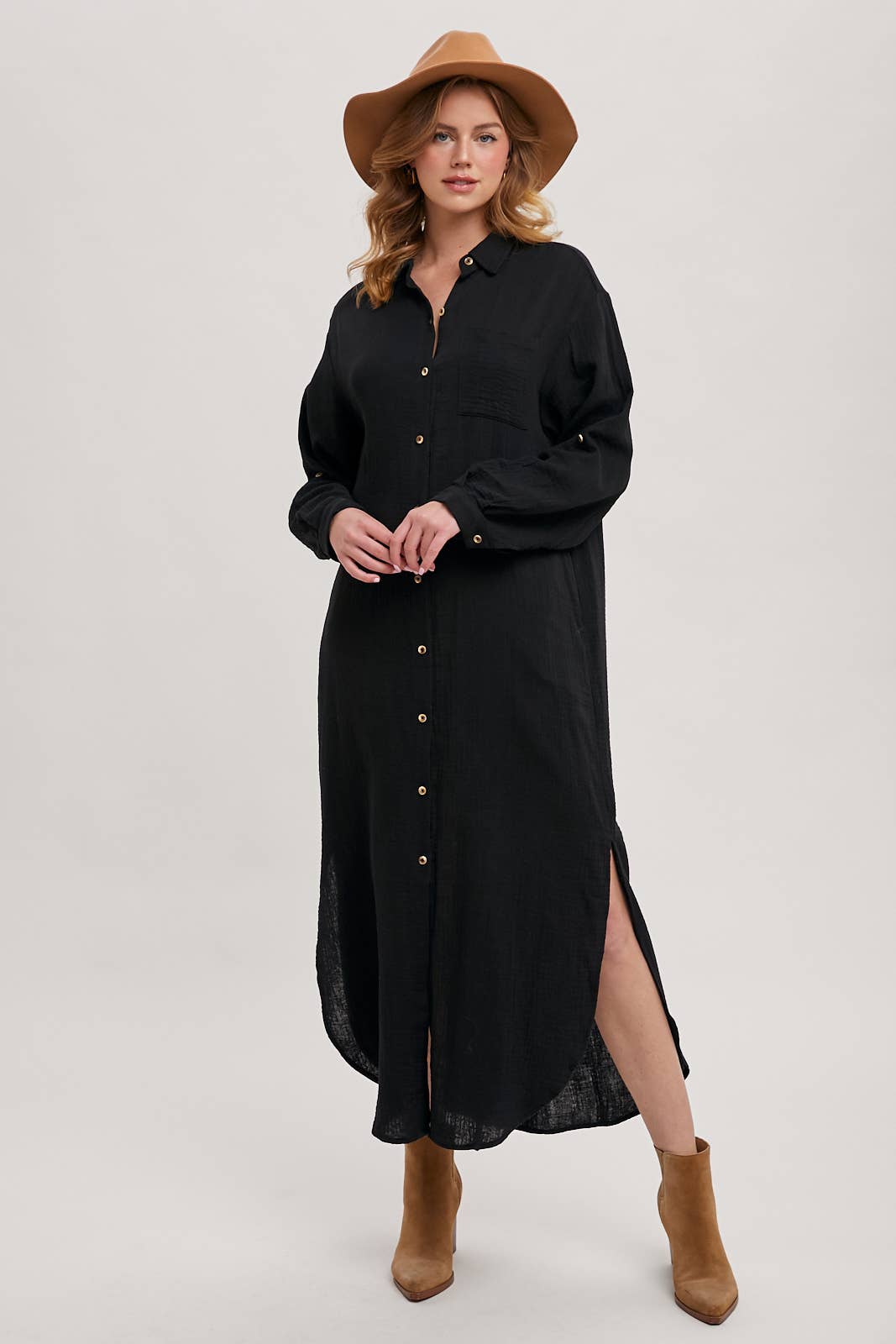 BUTTON UP MAXI SHIRT DRESS WITH POCKET