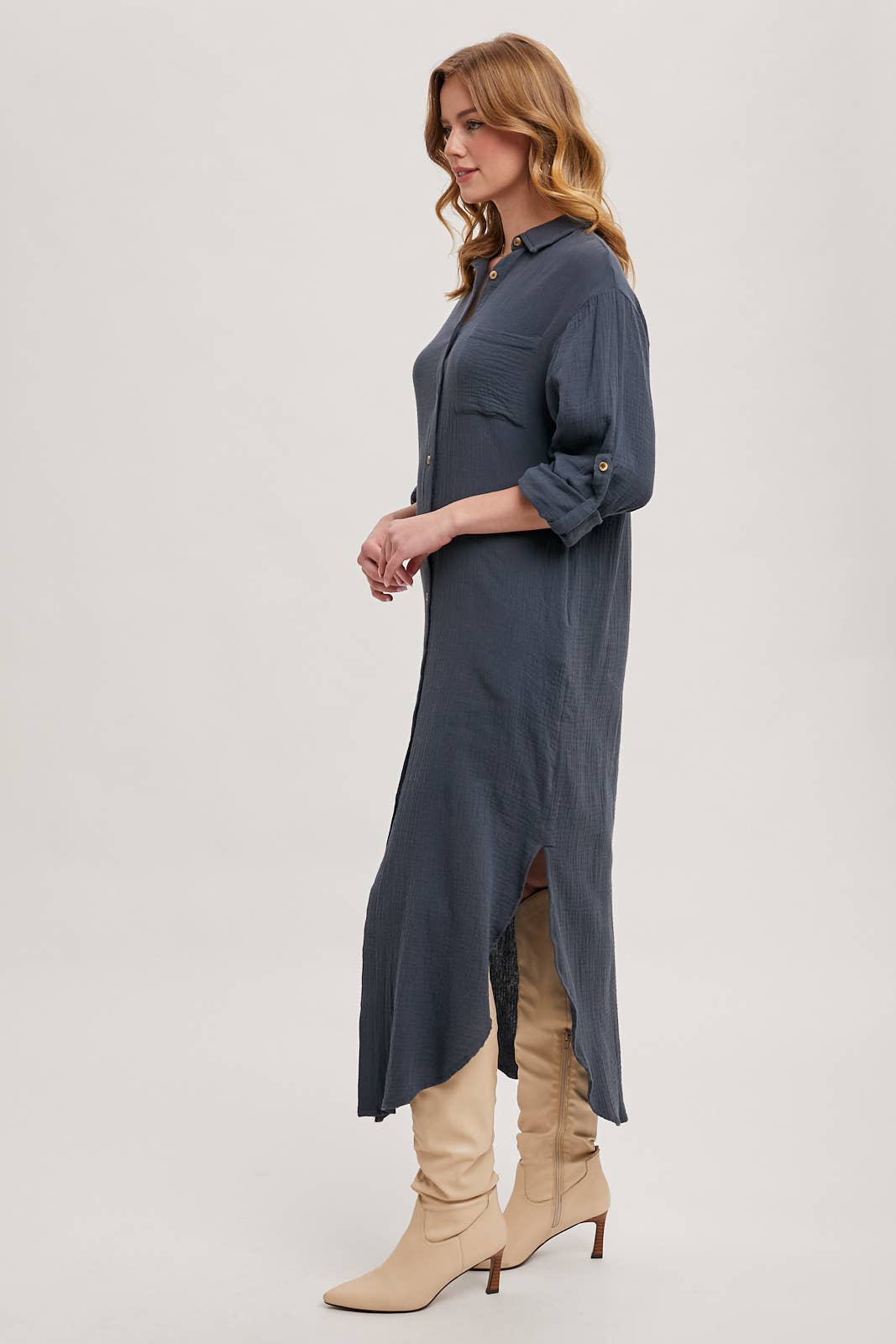 BUTTON UP MAXI SHIRT DRESS WITH POCKET
