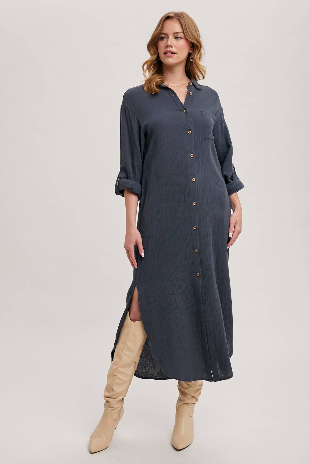 BUTTON UP MAXI SHIRT DRESS WITH POCKET