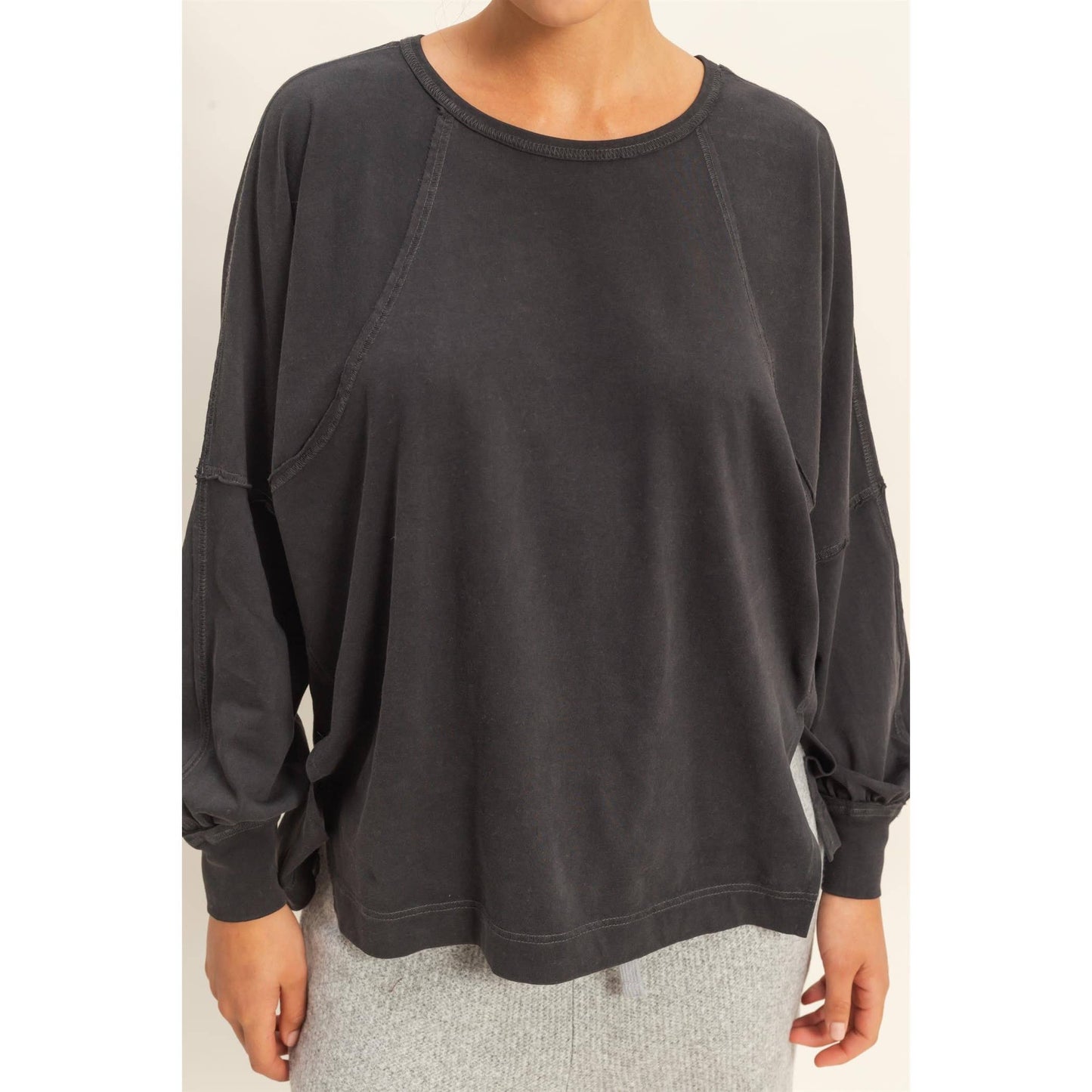 Washed Oversized Long Sleeve Top With Slit