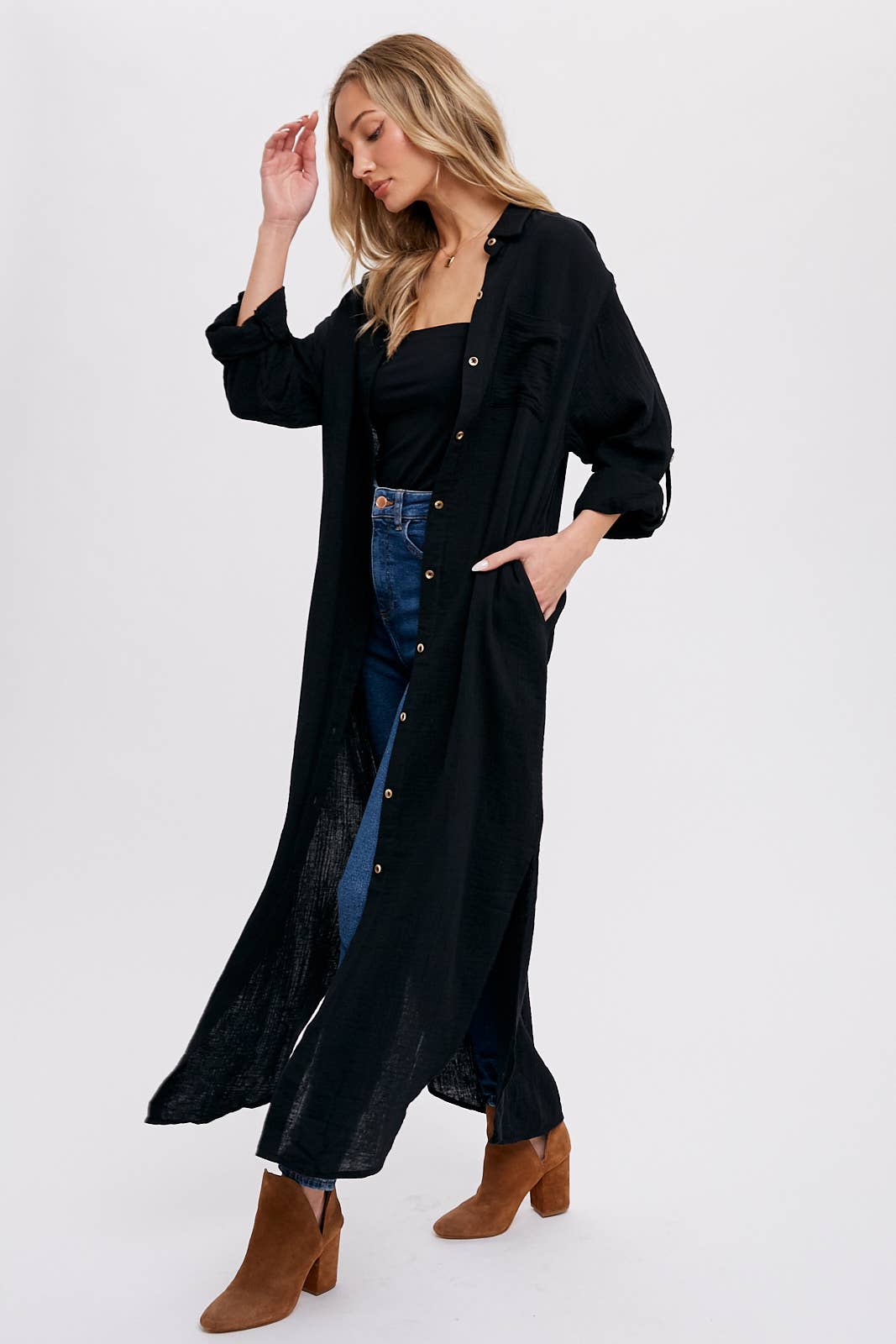 BUTTON UP MAXI SHIRT DRESS WITH POCKET