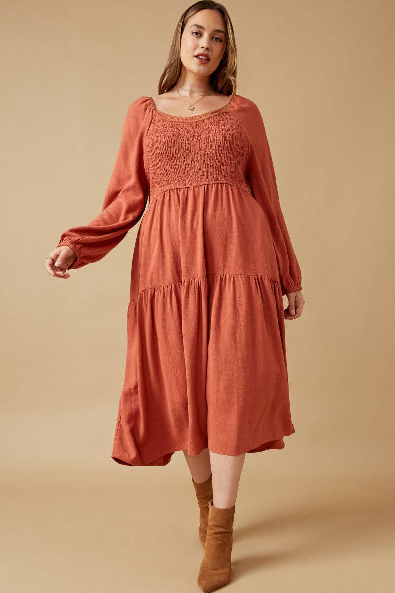 Womens Smocked Lace Trim Neckline Tiered Dress