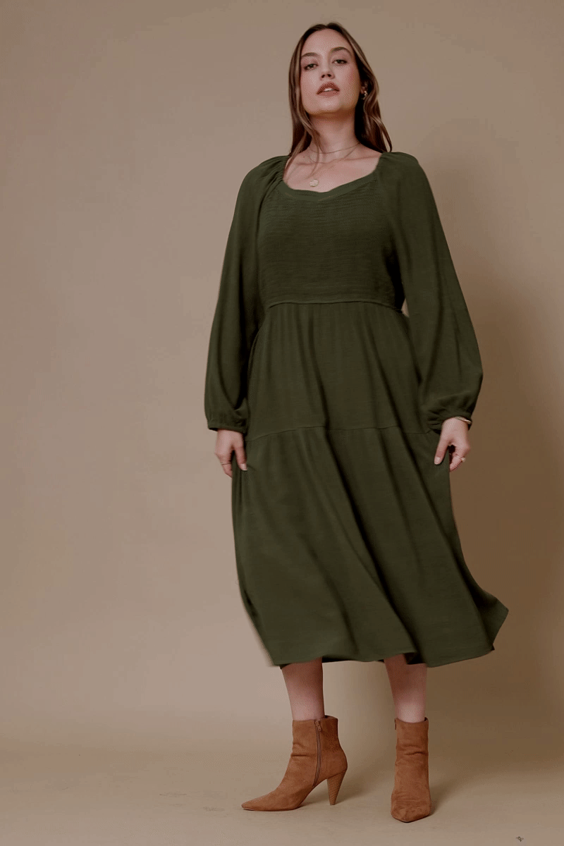 Womens Smocked Lace Trim Neckline Tiered Dress
