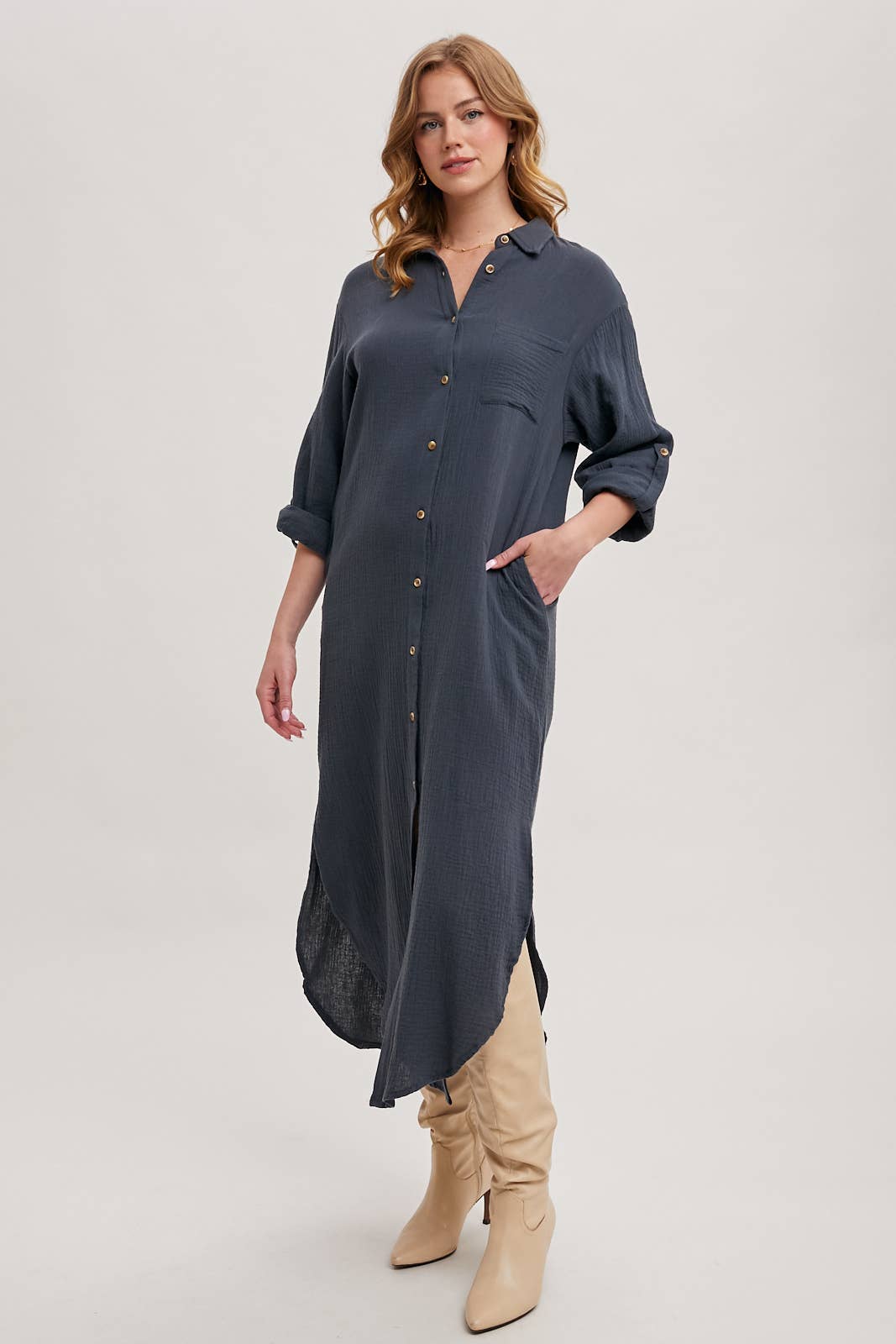 BUTTON UP MAXI SHIRT DRESS WITH POCKET