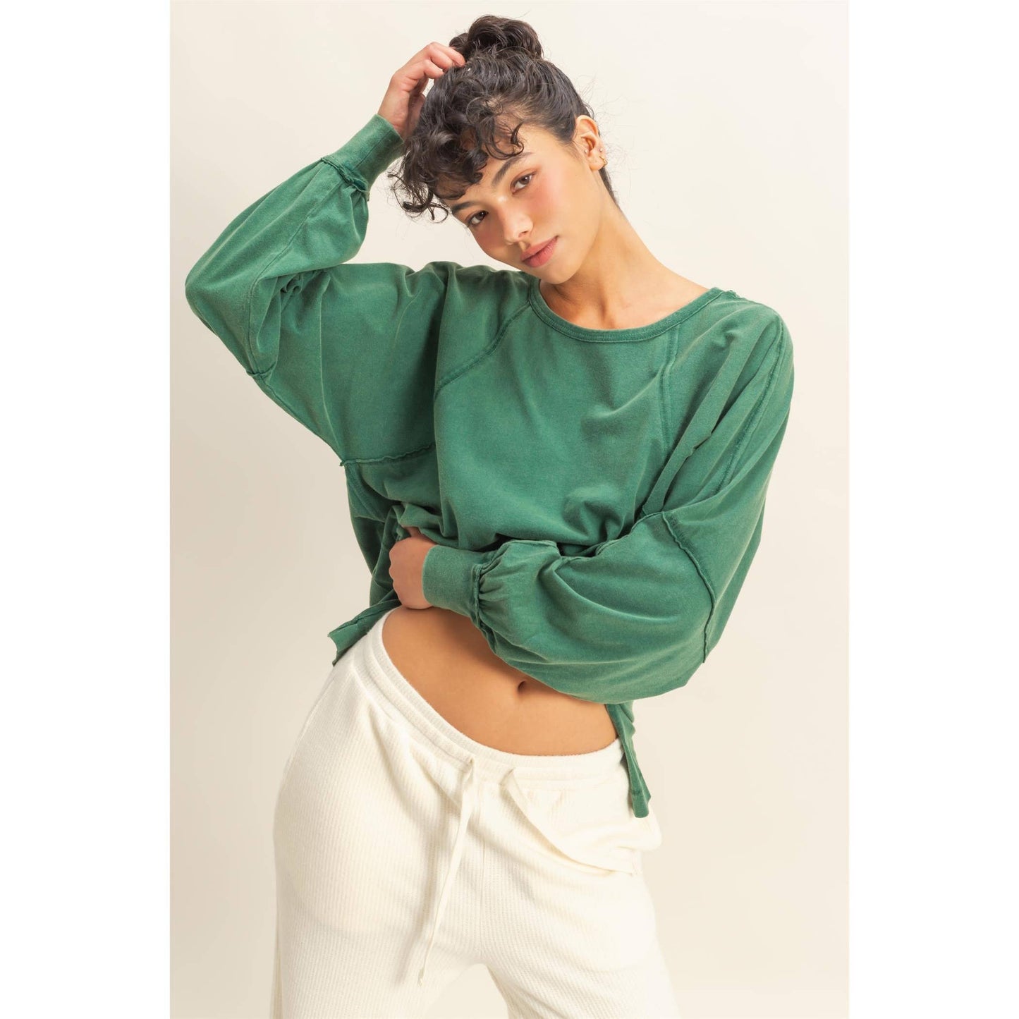 Washed Oversized Long Sleeve Top With Slit