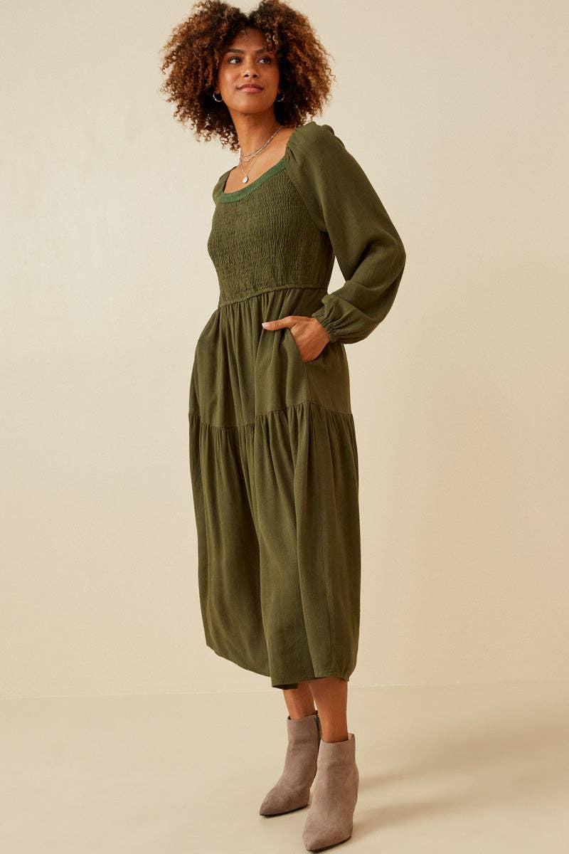 Womens Smocked Lace Trim Neckline Tiered Dress