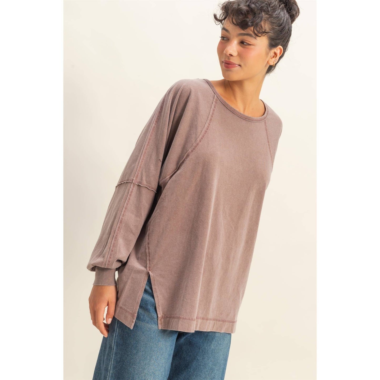 Washed Oversized Long Sleeve Top With Slit
