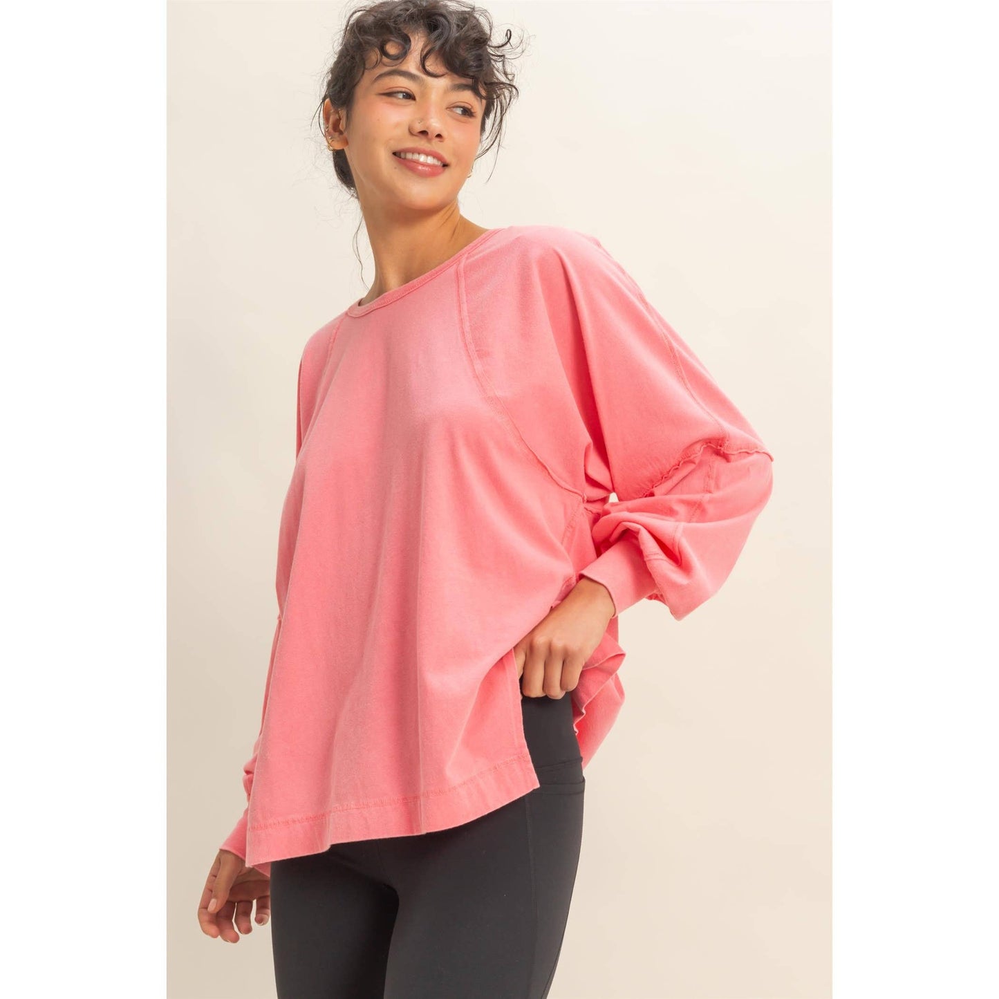 Washed Oversized Long Sleeve Top With Slit