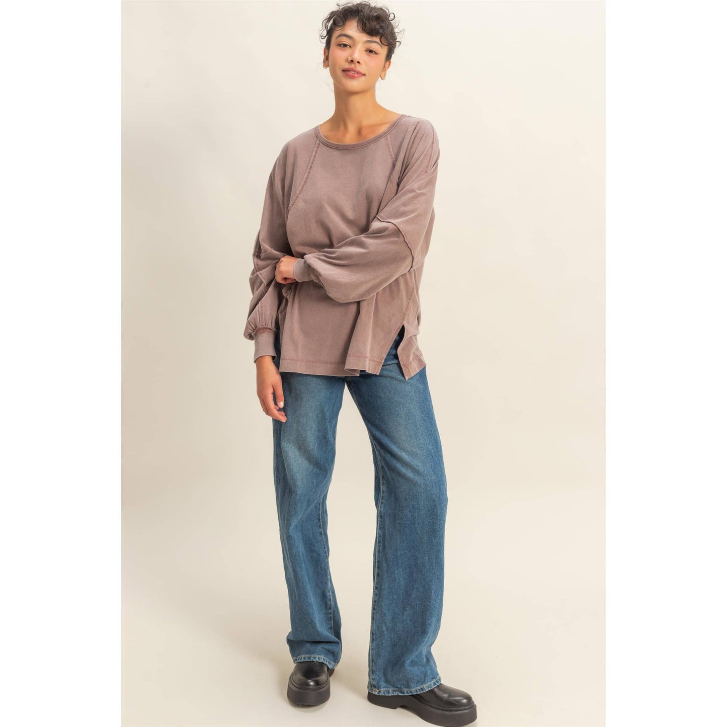 Washed Oversized Long Sleeve Top With Slit