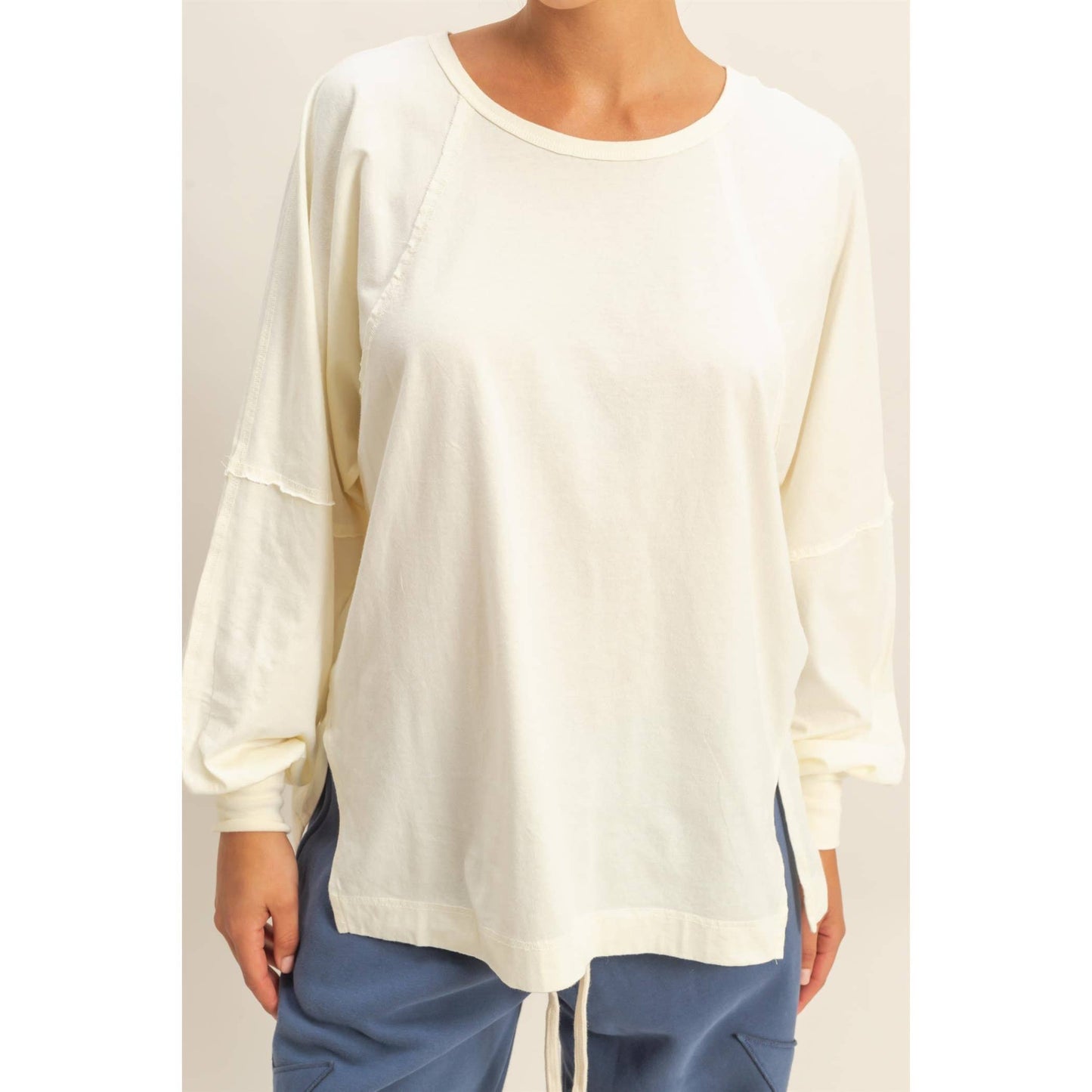 Washed Oversized Long Sleeve Top With Slit