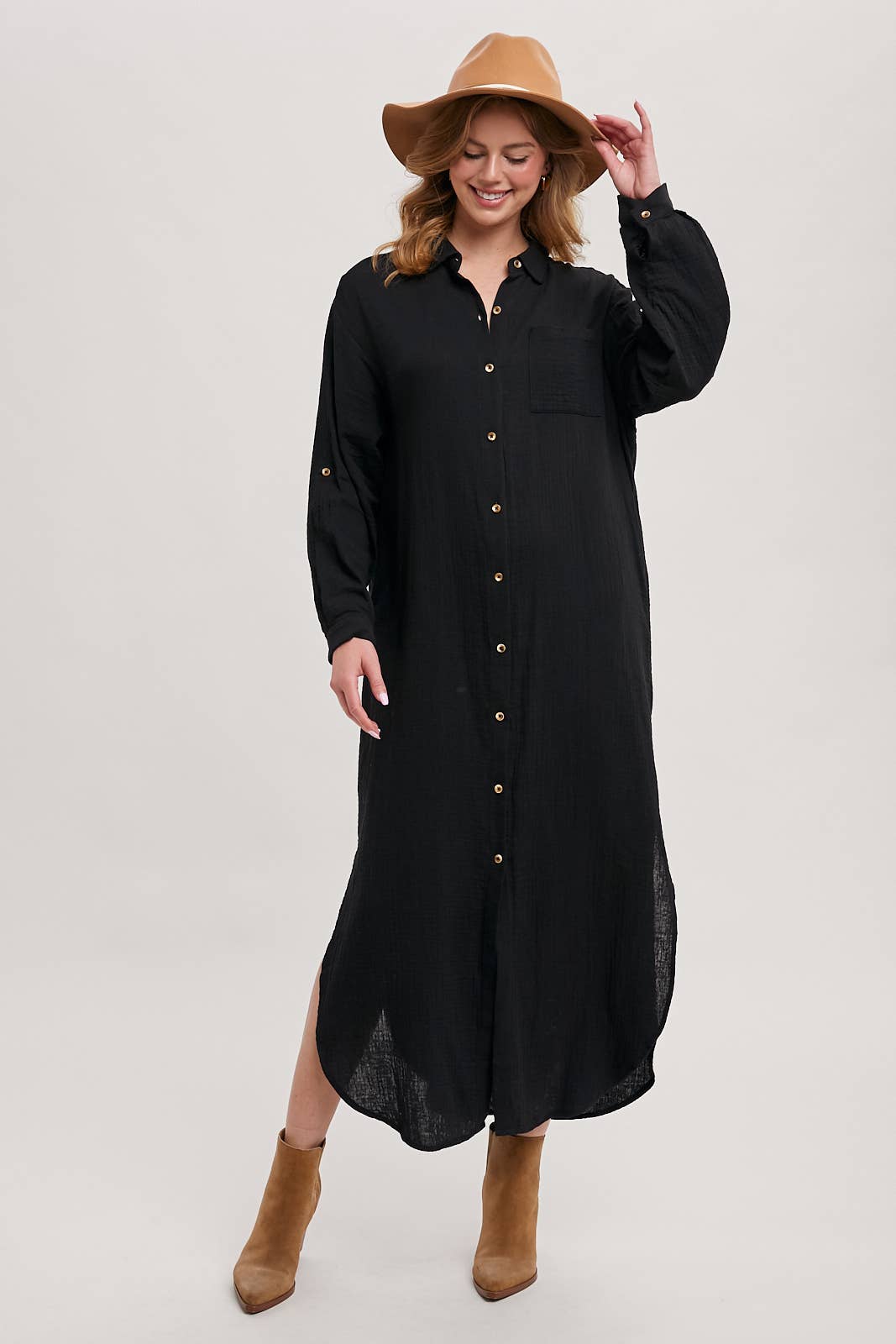 BUTTON UP MAXI SHIRT DRESS WITH POCKET