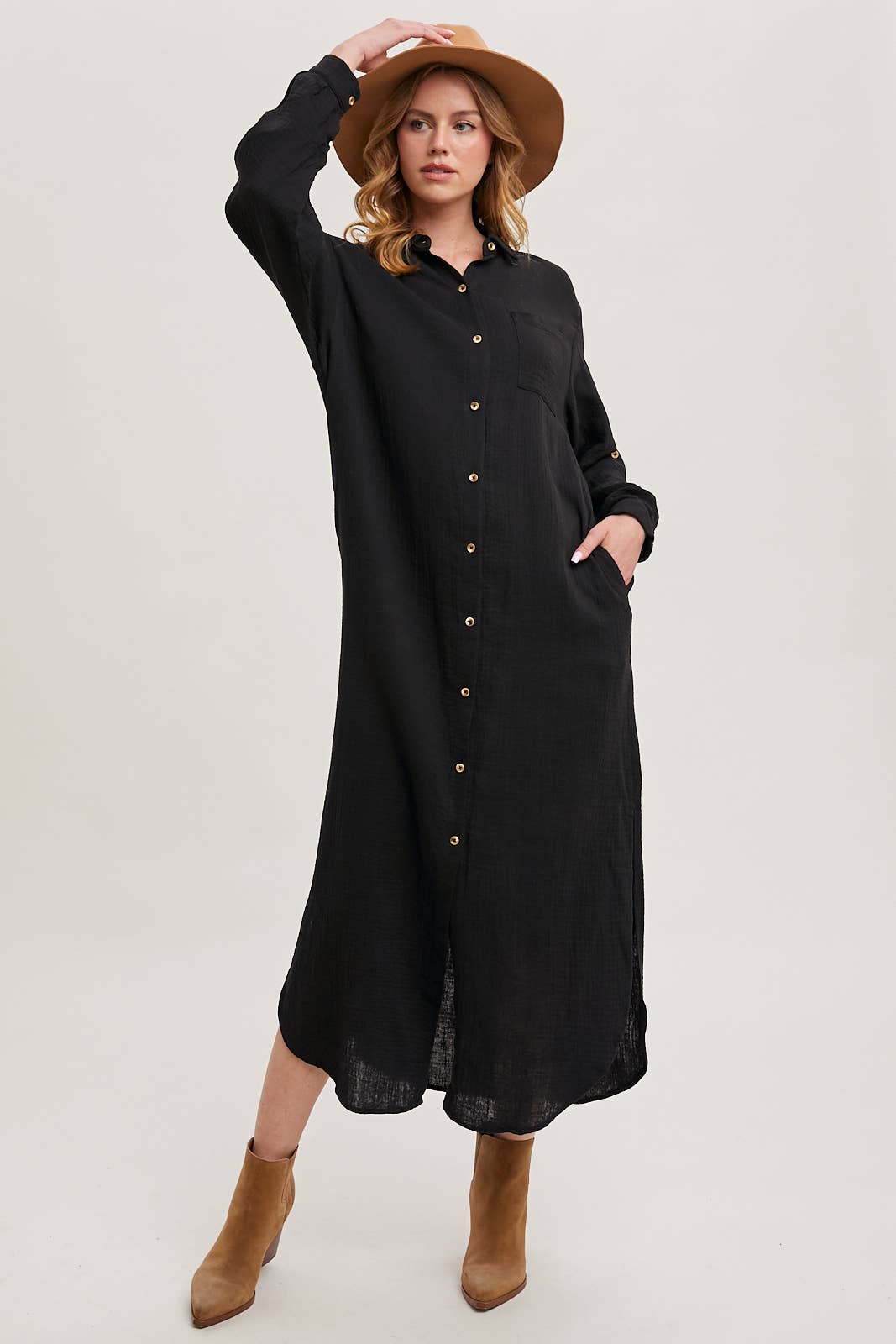 BUTTON UP MAXI SHIRT DRESS WITH POCKET
