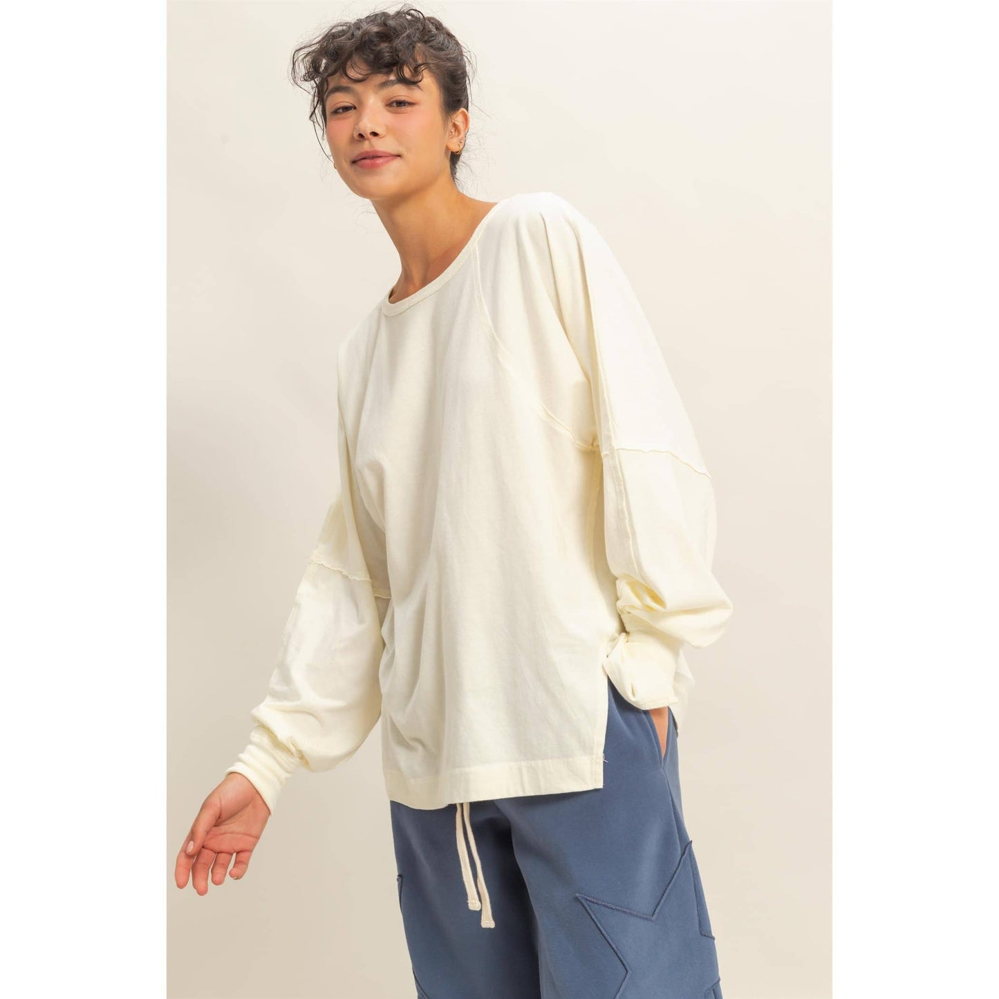 Washed Oversized Long Sleeve Top With Slit