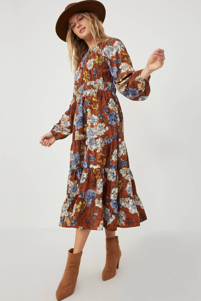 Womens Romantic Floral Puff Sleeve Dress