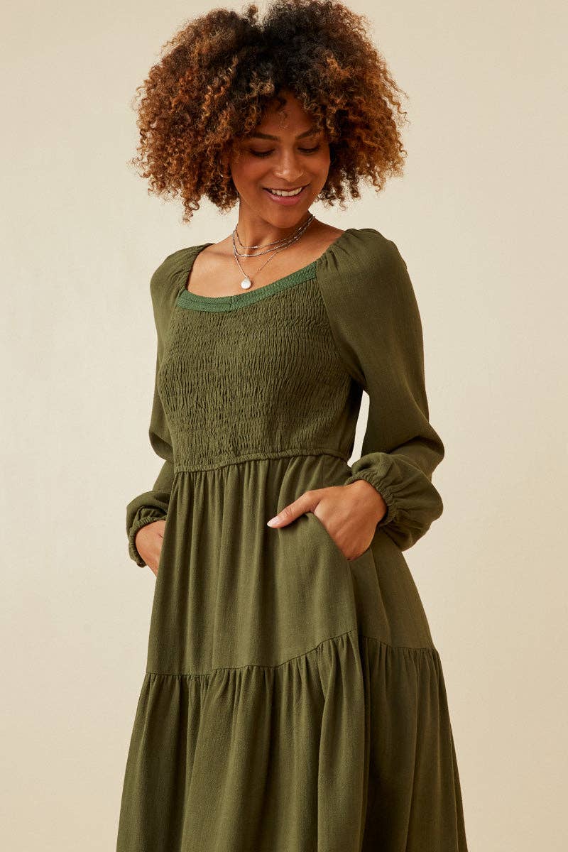 Womens Smocked Lace Trim Neckline Tiered Dress