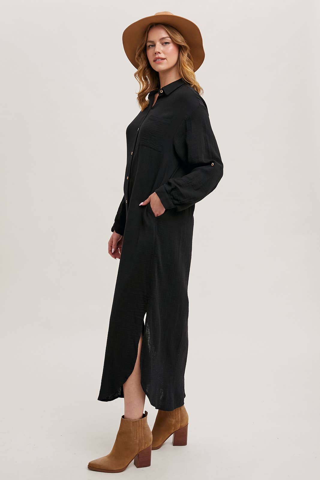 BUTTON UP MAXI SHIRT DRESS WITH POCKET