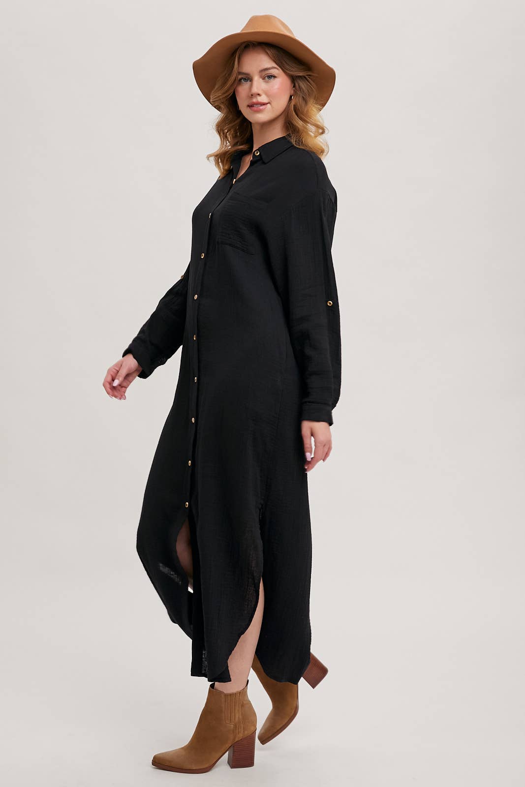 BUTTON UP MAXI SHIRT DRESS WITH POCKET