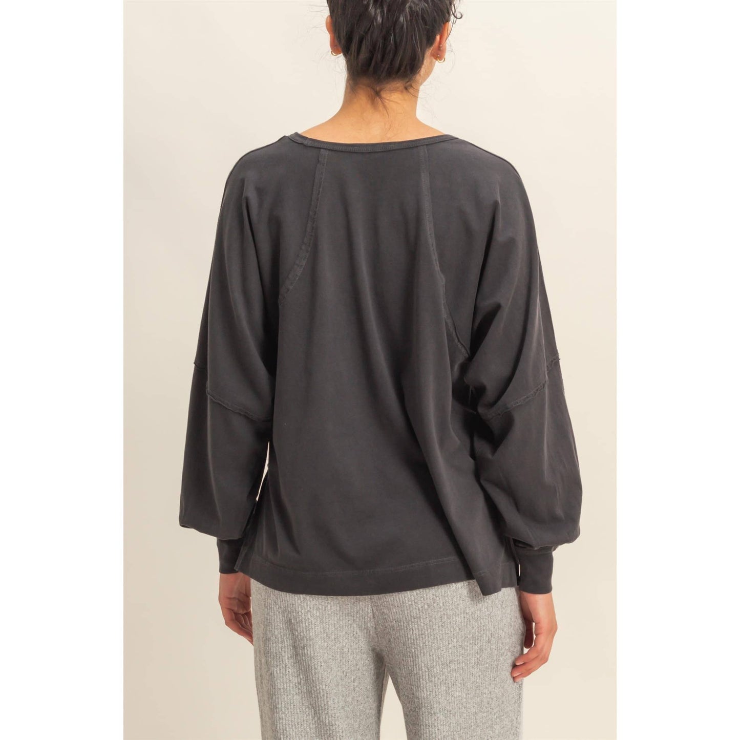 Washed Oversized Long Sleeve Top With Slit