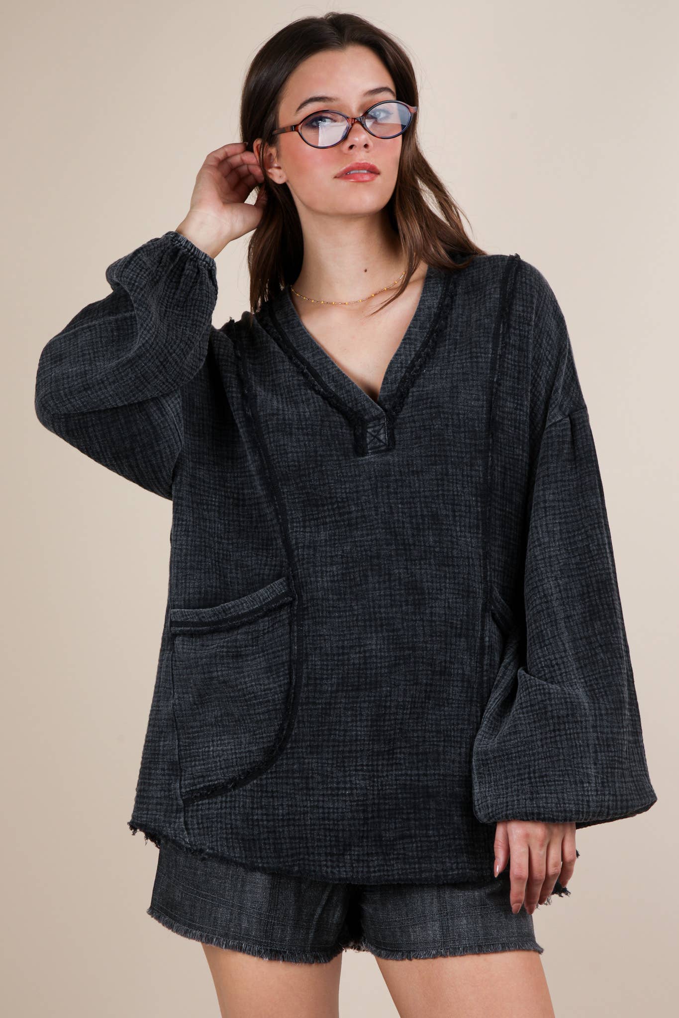 NT12105-Washed Cotton Gauze Oversized Top