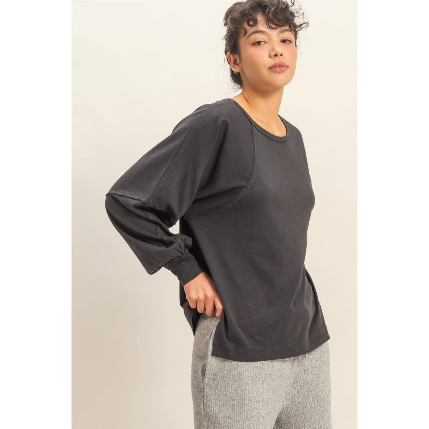 Washed Oversized Long Sleeve Top With Slit