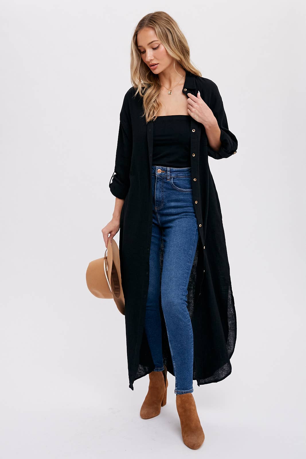 BUTTON UP MAXI SHIRT DRESS WITH POCKET