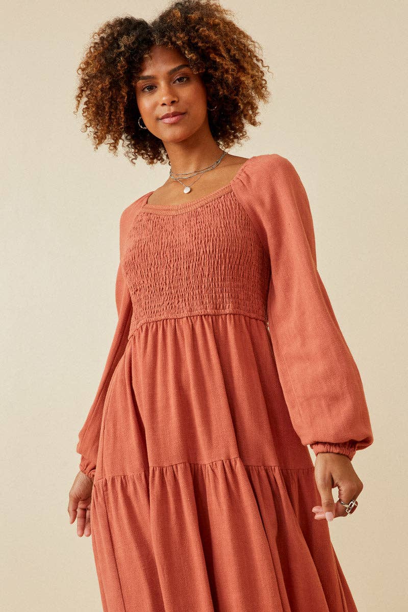 Womens Smocked Lace Trim Neckline Tiered Dress