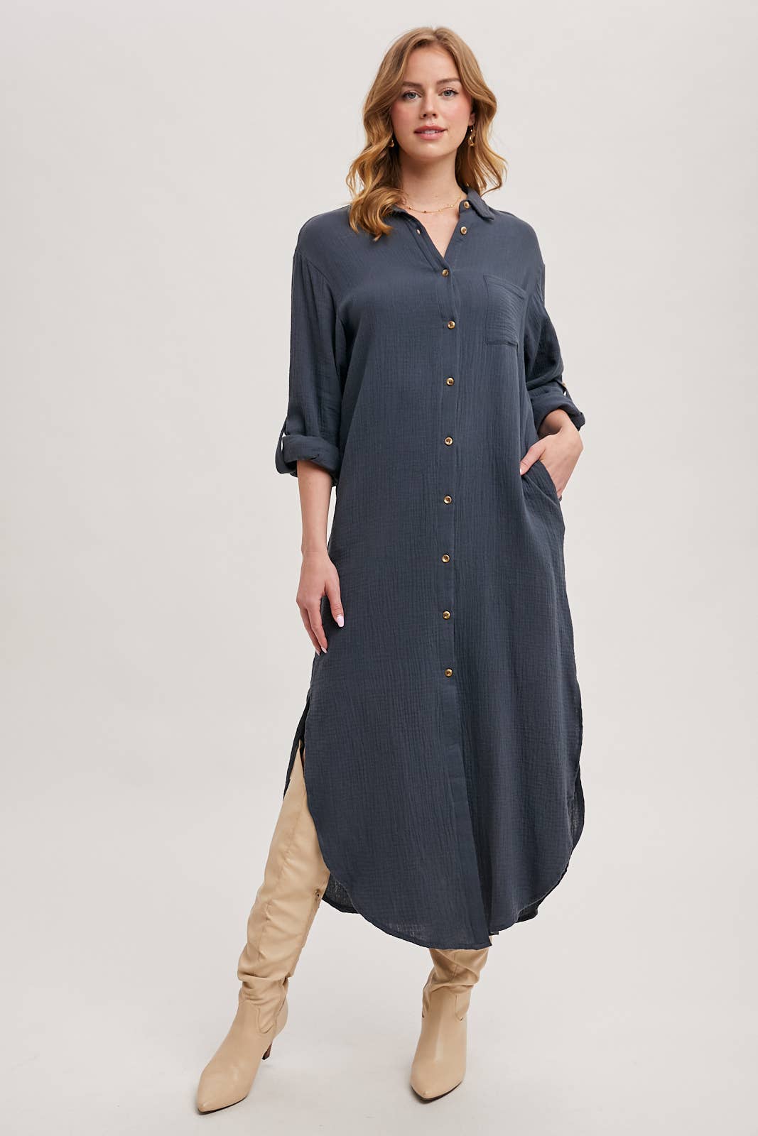 BUTTON UP MAXI SHIRT DRESS WITH POCKET