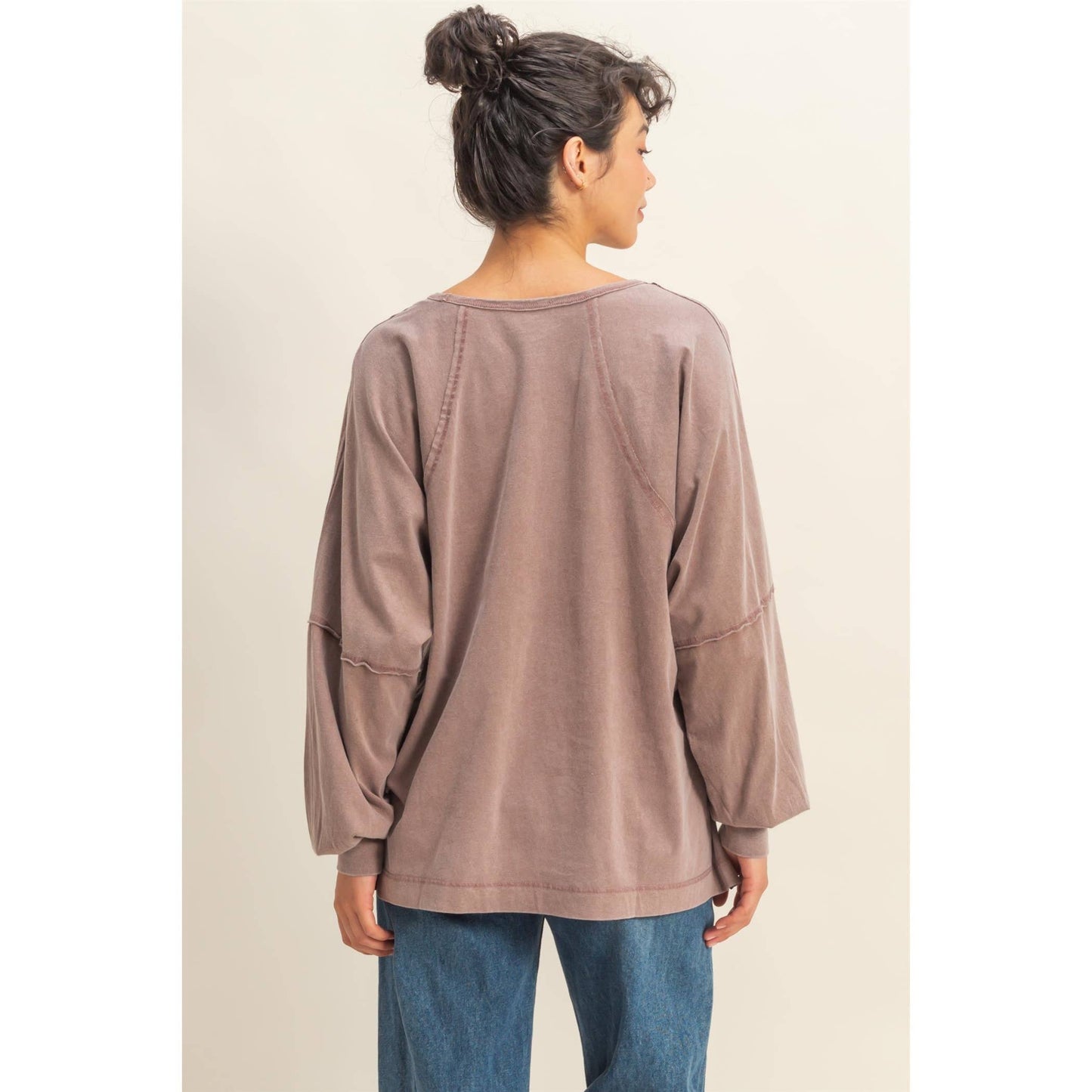 Washed Oversized Long Sleeve Top With Slit