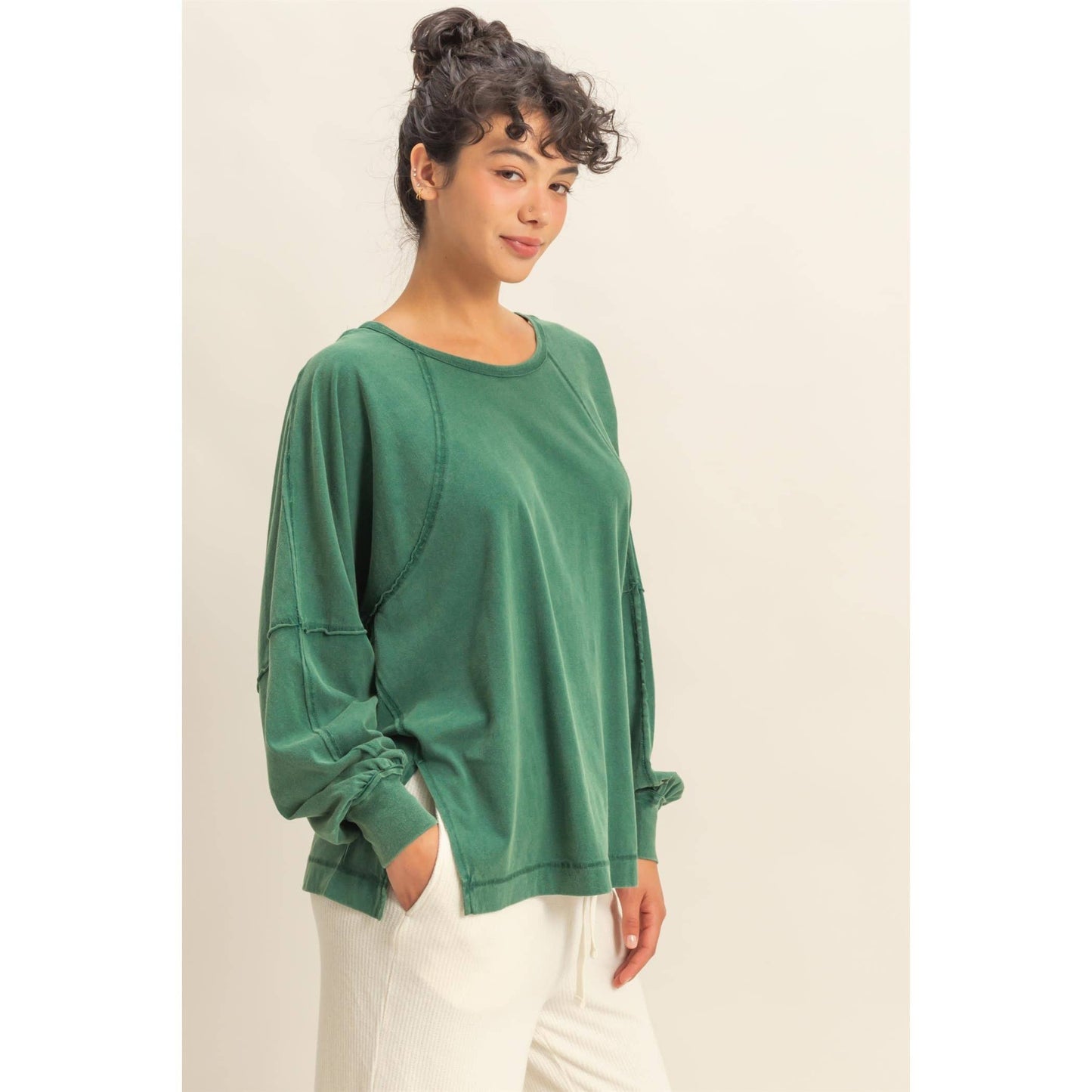 Washed Oversized Long Sleeve Top With Slit