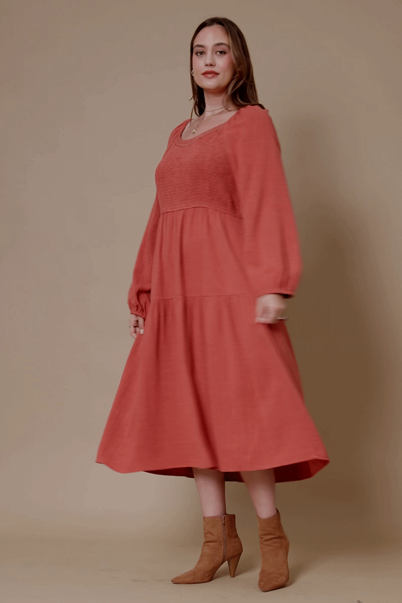 Womens Smocked Lace Trim Neckline Tiered Dress