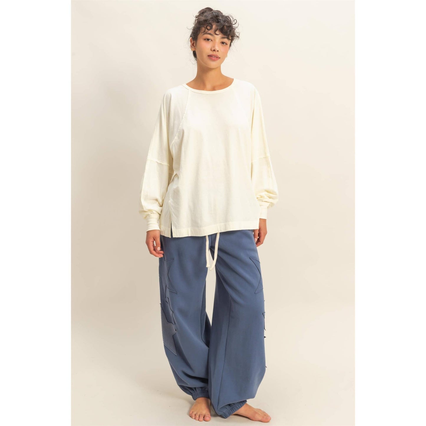 Washed Oversized Long Sleeve Top With Slit