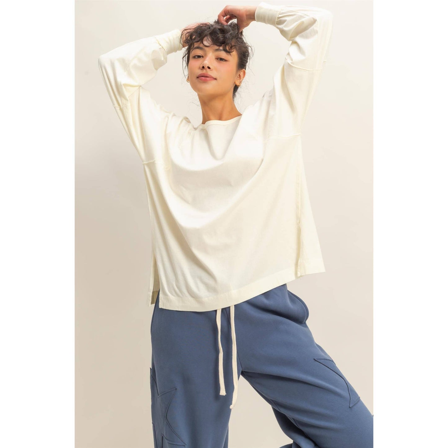 Washed Oversized Long Sleeve Top With Slit