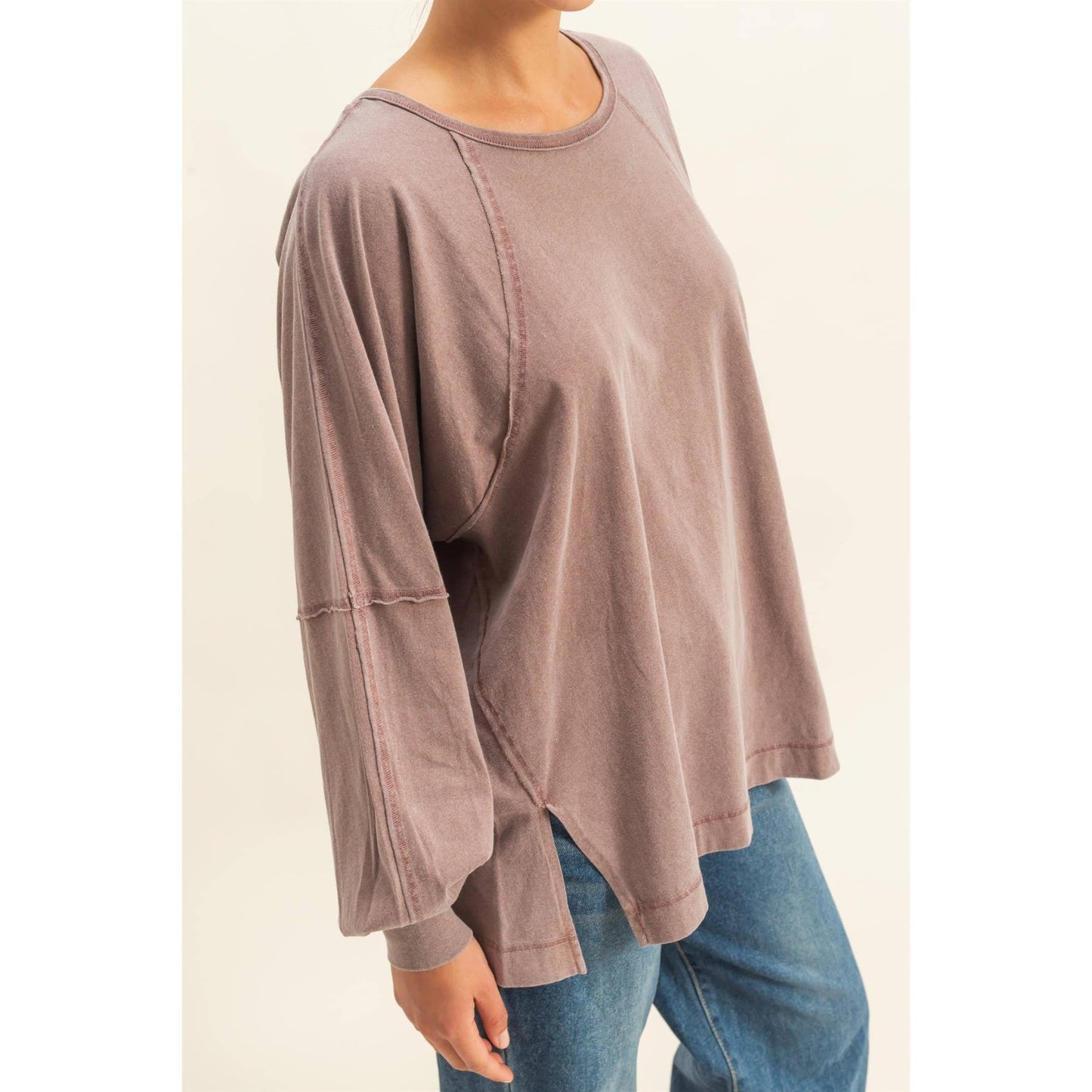 Washed Oversized Long Sleeve Top With Slit