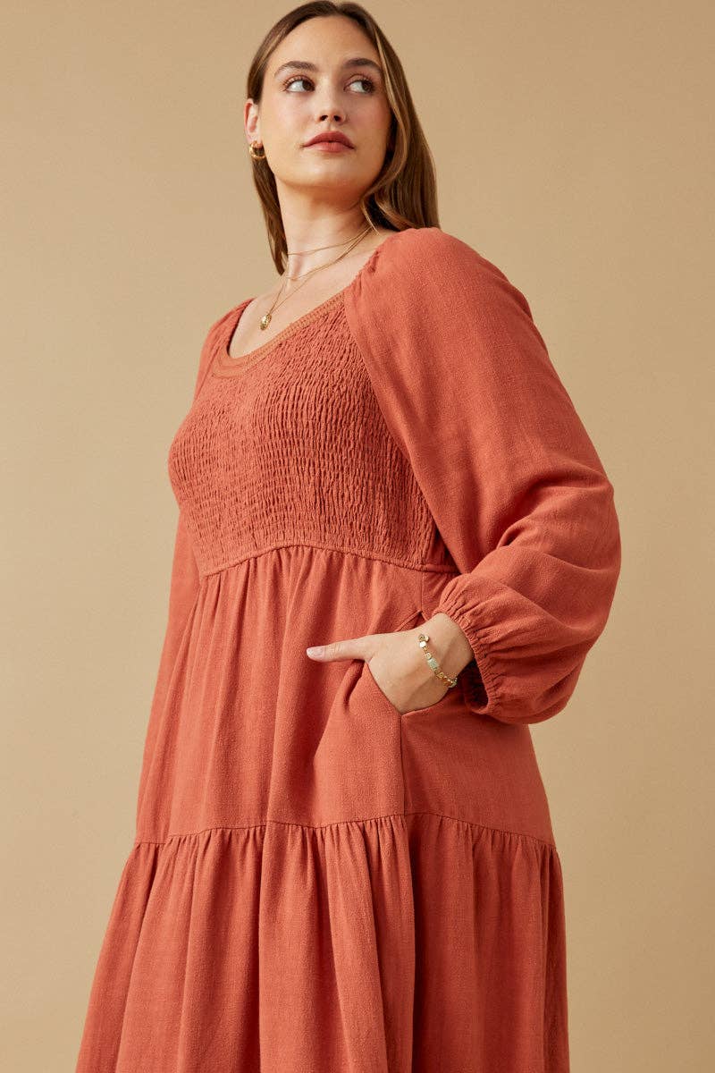 Womens Smocked Lace Trim Neckline Tiered Dress
