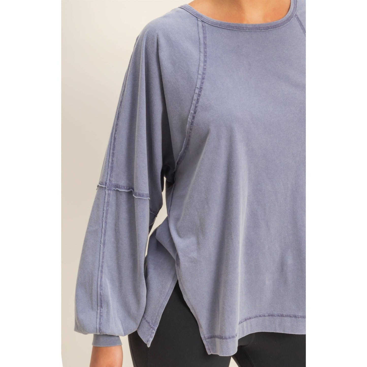 Washed Oversized Long Sleeve Top With Slit