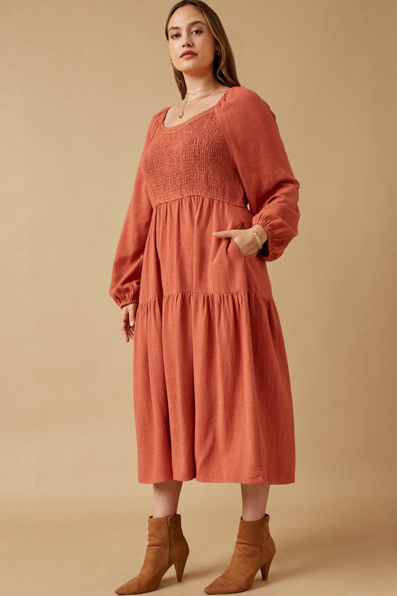 Womens Smocked Lace Trim Neckline Tiered Dress