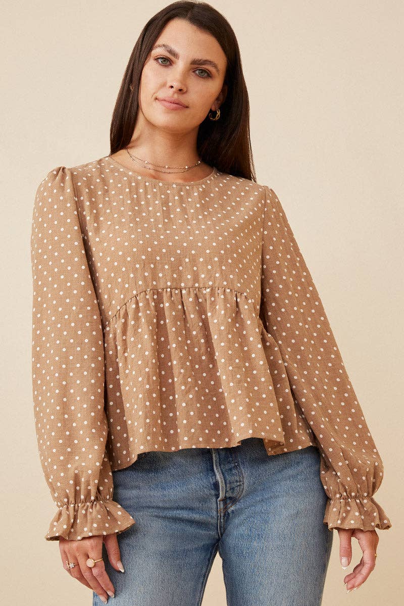 Womens Polka Dot Cinched Cuff Peplum Top