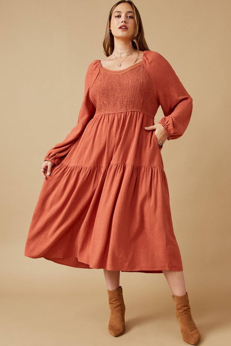 Womens Smocked Lace Trim Neckline Tiered Dress