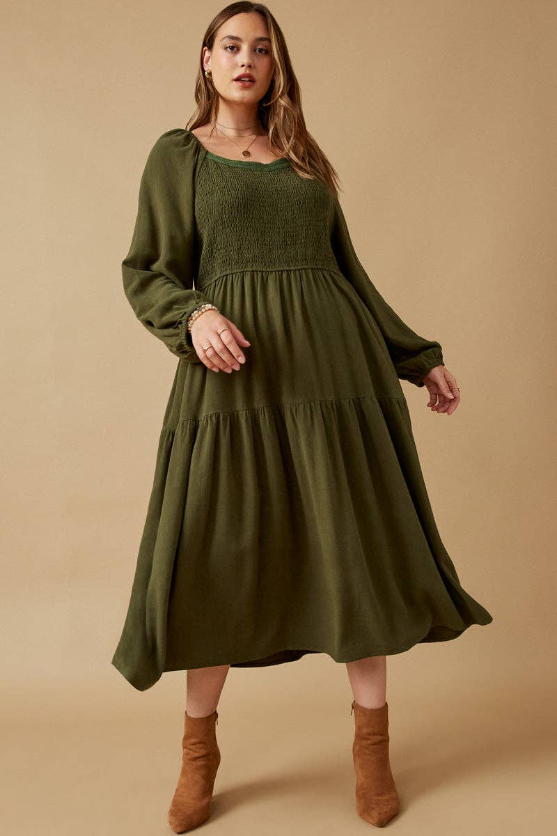 Womens Smocked Lace Trim Neckline Tiered Dress