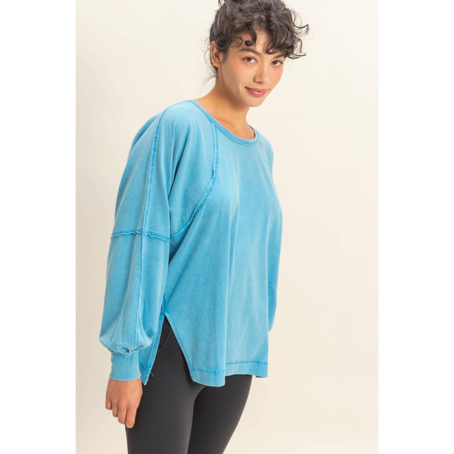 Washed Oversized Long Sleeve Top With Slit