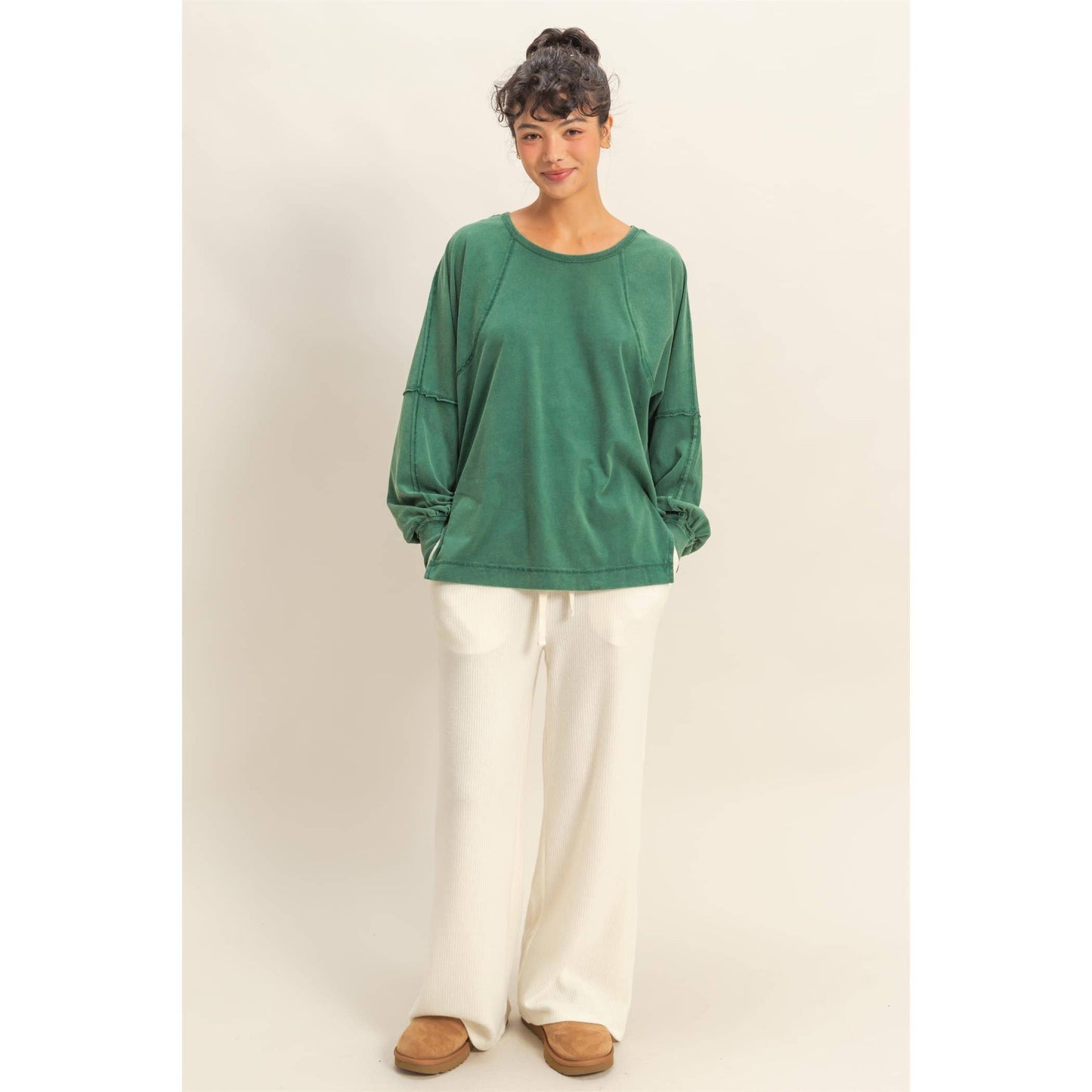 Washed Oversized Long Sleeve Top With Slit