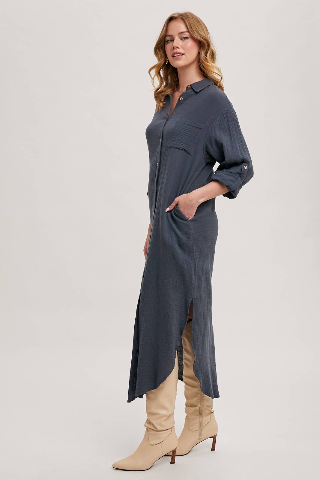 BUTTON UP MAXI SHIRT DRESS WITH POCKET
