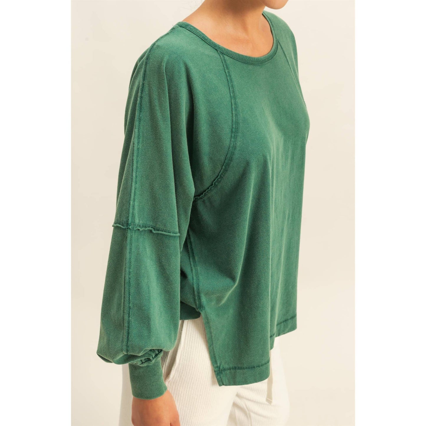 Washed Oversized Long Sleeve Top With Slit