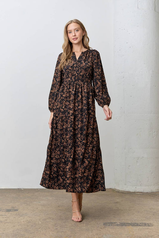 (PLUS) FLORAL PRINT LONG SLEEVE MIDI DRESS
