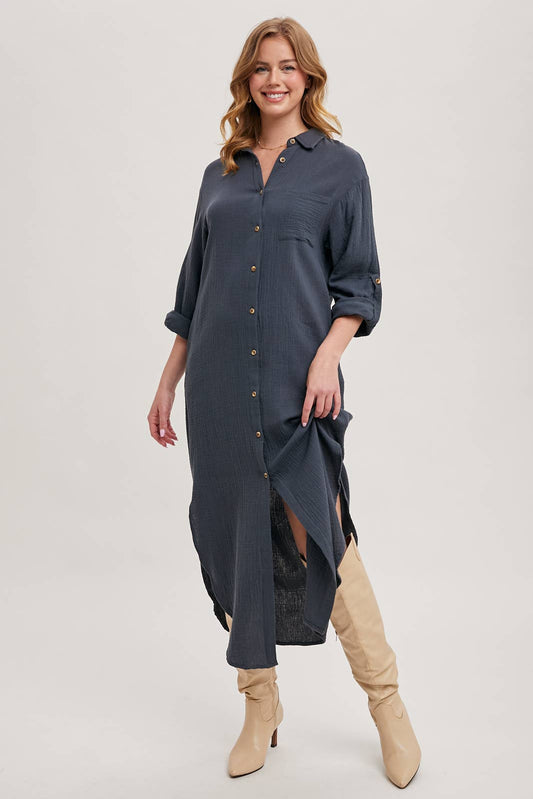 BUTTON UP MAXI SHIRT DRESS WITH POCKET