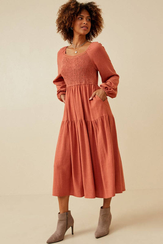Womens Smocked Lace Trim Neckline Tiered Dress