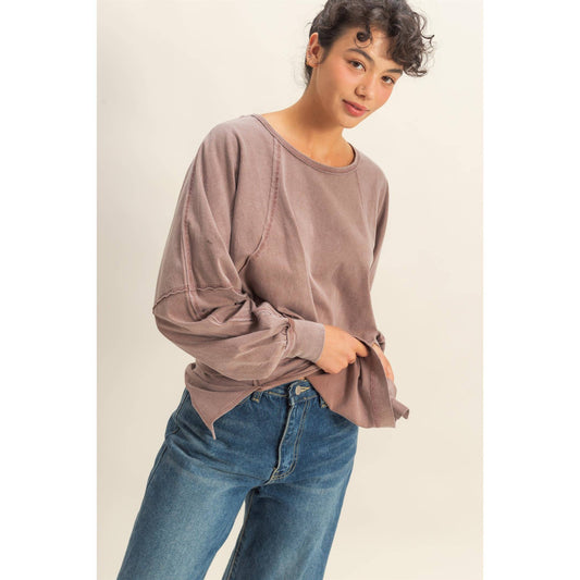 Washed Oversized Long Sleeve Top With Slit