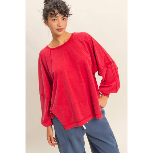 Washed Oversized Long Sleeve Top With Slit
